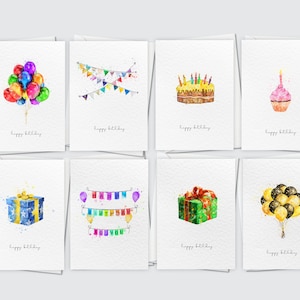 Luxury Birthday Cards Pack, Set of 8 A6 Happy Birthday Blank Cards, Watercolour Variety Multi pack, Unisex A6 Cards Pack image 1