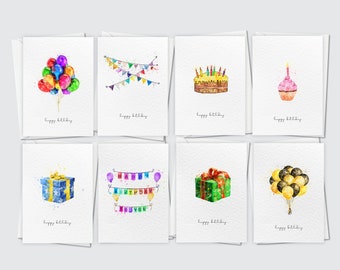 Luxury Birthday Cards Pack, Set of 8 A6 Happy Birthday Blank Cards, Watercolour Variety Multi pack, Unisex A6 Cards Pack