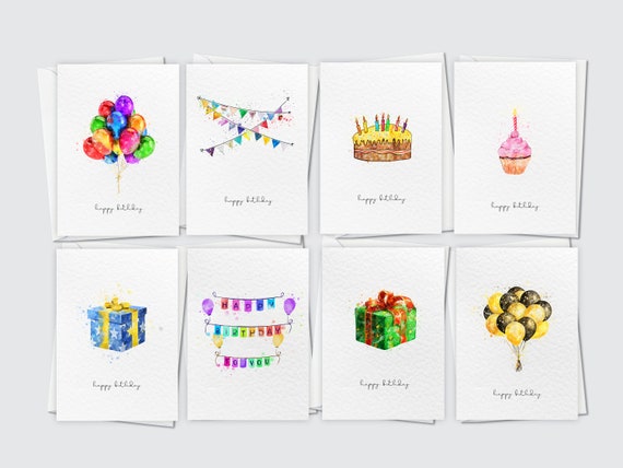 Luxury Birthday Cards Pack, Set of 8 A6 Happy Birthday Blank Cards, Watercolour Variety Multi pack, Unisex A6 Cards Pack