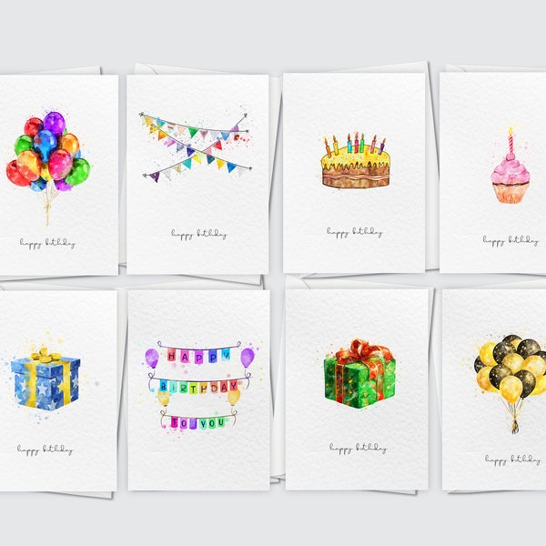Luxury Birthday Cards Pack, Set of 8 A6 Happy Birthday Blank Cards, Watercolour Variety Multi pack, Unisex A6 Cards Pack