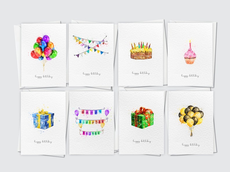 Luxury Birthday Cards Pack, Set of 8 A6 Happy Birthday Blank Cards, Watercolour Variety Multi pack, Unisex A6 Cards Pack image 1