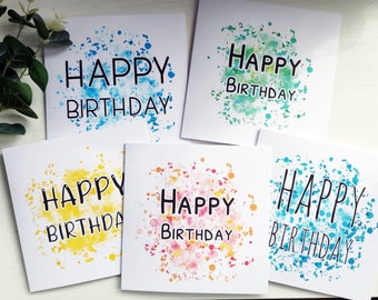 Happy Birthday Greeting Cards Pack, Set of 5 Happy Birthday Blank Cards, Watercolor Variety Multi pack, Cards With Envelopes