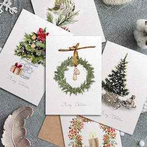 5x Christmas Watercolour Cards, Winter Holidays Card Set, Christmas Tree, Birds, Wreath Designs