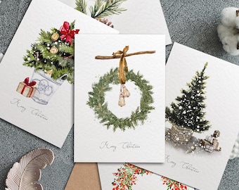 5x Christmas Watercolour Cards, Winter Holidays Card Set, Christmas Tree, Birds, Wreath Designs