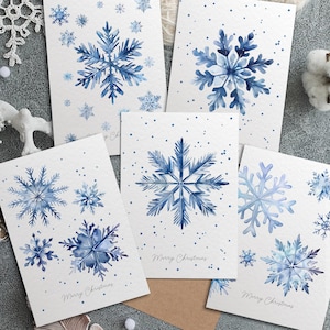 5x Christmas Watercolour Cards, Snowflake Winter Holidays Card Set