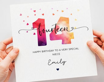 Personalised 14th birthday card, teenage girl fourteenth birthday, happy 14th birthday for daughter, granddaughter, niece