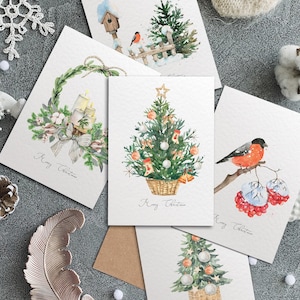 5x Christmas Watercolour Cards, Winter Holidays Card Set, Christmas Tree, Birds, Wreath Designs