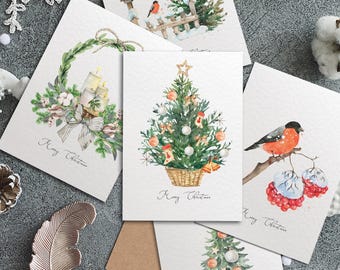 5x Christmas Watercolour Cards, Winter Holidays Card Set, Christmas Tree, Birds, Wreath Designs