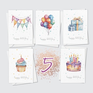 Lot de 5 cartes d'anniversaire, différentes variétés de cartes d'anniversaire unisexes, banderoles, petit gâteau, ballons, aquarelles pour gâteau, motif pointillisme