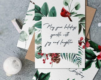 5x Christmas Watercolour Cards, Winter Holidays Card Set, Christmas Tree, Birds, Wreath Designs