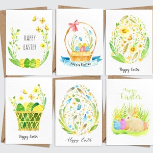 6 cartes de Pâques lumineuses, lot de 6 cartes vierges A6 aquarelles Joyeuses Pâques, lot de cartes oeuf de printemps lapin