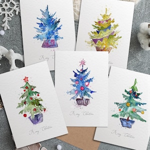 5x Christmas Watercolour Cards, Winter Holidays Card Set, Minimalistic Christmas Tree Designs