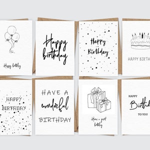 8x Birthday Greeting Cards Pack - Ink Drawing Handwritten Card Variety Multi pack