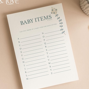 Baby Artikel A-Z Babyparty Spielkarten | Namen Alphabet | Auf auf und davon | Heißluftballon | schlicht | Baby Junge | Blau | Duschspiele | UA103