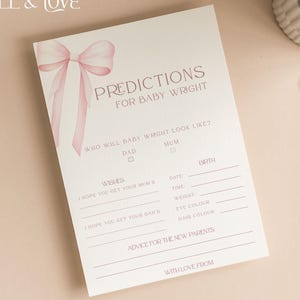 Personalisierte Babypartyvorhersagekarten | Kokette | Rosa Bögen | Baby Mädchen | Geschlecht offenbaren | Babyparty Spiele | Streublümchen | Beratung BOW102