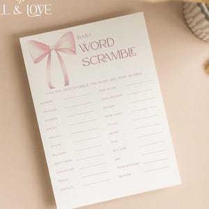 Baby Shower Spielkarten mit Buchstaben | Kokette | Baby Mädchen | Rosa Schleifen Babyparty | Geschlecht offenbaren | Streublümchen | SCHLEIFE102