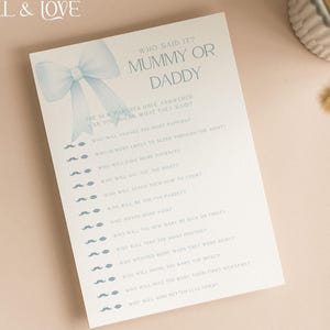 Wer hat zuerst Mama oder Papa Babyparty Spiel Karten gesagt | Blaue Bögen | Kokette | Babyparty | Baby Junge | Geschlecht offenbaren | Streusel BOW103