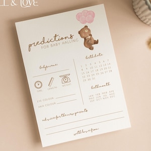 Prédictions personnalisées pour les cartes de baby shower | Ballons roses | Fille | Ours en peluche | Conseils | Souhaits | Jeux de douche | Saupoudrer | T101