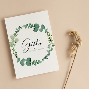 Personalisierte Baby-Dusche-Geschenk-Zeichen |  Eukalyptus Babyparty | Geschlechtsneutral | Babyparty Spiele | Streublümchen | Baby Shower Geschenk-Tischchen | B101