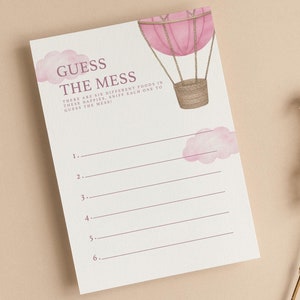 Errate die Mess-Babyparty-Spielkarten | Windelspiel | Auf auf und davon | Heißluftballon | Rosa | Baby Mädchen | Duschspiele | UA102