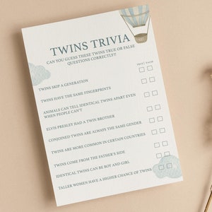 Zwillinge Trivia Quiz | Richtig oder falsch | Heißluftballon-Babyparty | Auf auf und davon | Baby Junge | Blau | Babyparty Spiele | Streublümchen | UA103