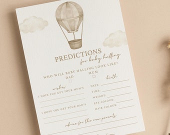 May include: A white card with a brown watercolor hot air balloon illustration. The card has a list of predictions for a baby shower, including the baby's date of birth, time, weight, eye color, and hair color. The card also includes a section for advice for the new parents. The card has the text "Predictions for baby halfing" and "with love from FULL & LOVE".