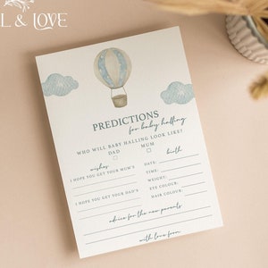 Personalisierte Babypartyvorhersagekarten | Auf auf und davon Babyparty | Baby Junge | Blau | Babyparty Spiele | Streublümchen | Adoptionskarten UA103