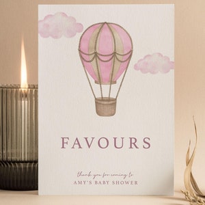 Personalisierte Baby Shower Favors Zeichen | Auf auf und davon | Heißluftballon | Baby Mädchen | Rosa | Babyparty Spiele | Oh Baby | Streublümchen | UA102
