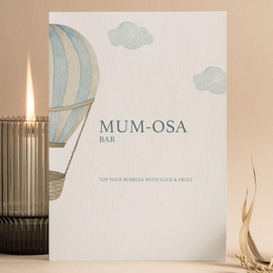Mum-Osa Babyparty Bar Schild | Mosa | Mimose | Auf auf und davon Babyparty | Blauer Junge | Baby Party Karten | Heißluftballon | UA103