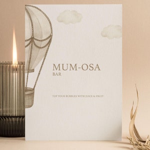 Mum-Osa Babyparty Bar Schild | Mosa | Mimose | Auf auf und davon Babyparty | Neutral | Baby Party Karten | Heißluftballon | UA101