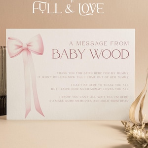 Personalisierte Nachricht vom Baby | Beule | Rosa Bögen | Heißluftballon | Geschlecht offenbaren | Baby Party Karten | Streublümchen | Geschenk | SCHLEIFE102
