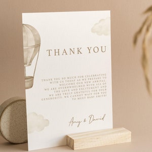 Panneau de remerciement personnalisé pour baby shower | Up and away | Montgolfière | Non sexiste |  Jeux de douche | Saupoudrer | UA101