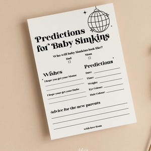 Personalisierte Babypartyvorhersagekarten | Disko Baby | Poppin' Flaschen | Baby Ära | Geschlechtsneutral | Babyparty Spiele | Streublümchen | D101
