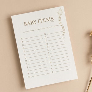 Baby Items de A à Z Cartes de jeu pour baby shower | Alphabet des prénoms | En haut et en bas | Montgolfière | Simple | Non sexiste | Jeux de douche | UA101