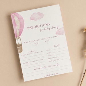 Cartes de prédiction personnalisées pour baby shower | Baby Shower Up and Away | Petite fille | Rose | Jeux de baby shower saupoudrer | Cartes conseils UA102