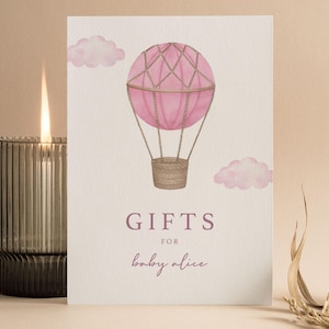 Personalisierte Baby-Dusche-Geschenk-Zeichen | Heißluftballon-Babyparty | Auf auf und davon | Baby Mädchen | Rosa | Duschspiele | Geschenke-Tisch | UA102