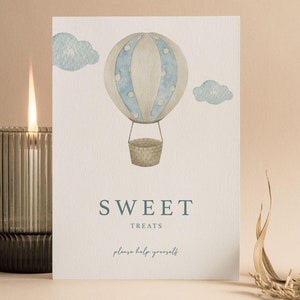 Personalisiertes Babyparty-Süßigkeiten Zeichen | Süßigkeiten Warenkorb | Auf auf und davon | Heißluftballon | Blau | Babyparty Spiele | Oh Baby | Streublümchen | UA103