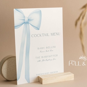 Benutzerdefinierte Cocktail-Babyparty-Bar-Zeichen | Getränkekarte | Mosa | Babybellini | Blaue Bögen | Baby Jungen | Baby Party Karten | Kokette | BOW103
