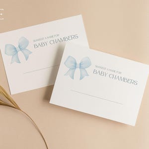 Suggérer une carte de visite personnalisée pour bébé | Jeux de baby shower | Noeuds bleus | Bébé garçon | Coquette | Devinez le nom | Que sera bébé | BOW103