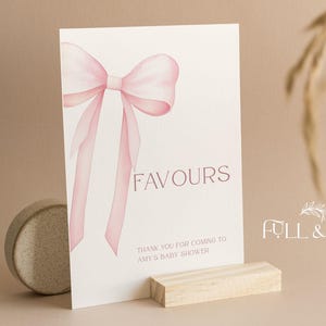 Personalisierte Baby Shower Favors Zeichen | Rosa Bögen | Baby Mädchen | Kokette | Geschlechtsneutral | Babyparty Spiele | Oh Baby | Streublümchen | SCHLEIFE102