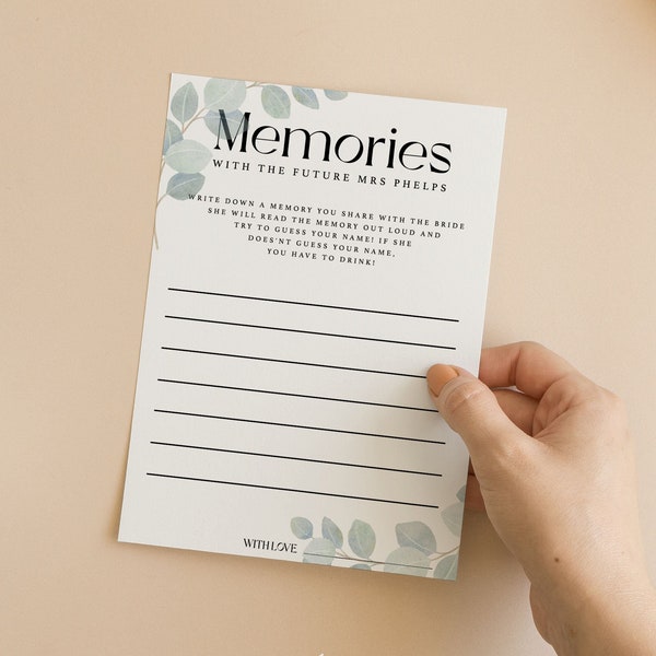 Personalised Memories With The Bride Cards | Eucalyptus | Hen Party Games | Bridesmaids | Bride Tribe | Bachelorette | Bridal Shower | E1