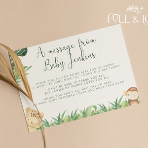 Personalisierte Nachricht vom Baby | Beule | Dschungel | Safari-Babyparty | Grün Dekor | Geschlechtsneutral | Streublümchen | Baby-Geschenk-Tafel | J101