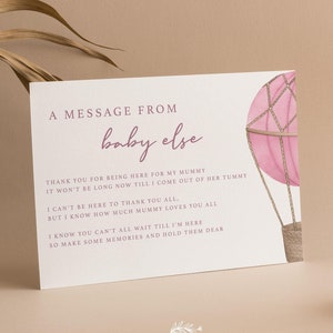 Personalisierte Nachricht vom Baby | Beule | Auf auf und davon | Heißluftballon | Baby Mädchen | Rosa | Babyparty Karten | Geschenk | UA102