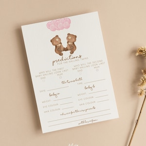 Personalisierte Voraussagen für Zwillinge Babypartykarten | Rosa Luftballons | Baby Mädchen | Teddybär | Hinweise | Duschspiele | Streublümchen | T101