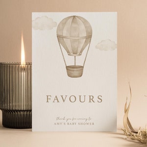 Signe personnalisé de faveurs de baby shower | En haut et en bas | Montgolfière | Non sexiste | Jeux de baby shower | Oh bébé | Saupoudrer | UA101