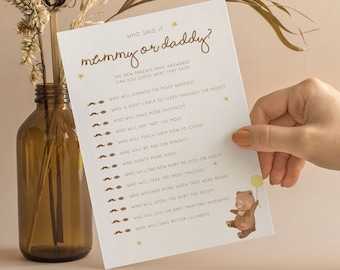 Juego de cartas para baby shower: ¿Quién lo dijo primero, mamá o papá? (T101)