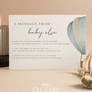 Personalisierte Nachricht vom Baby | Beule | Auf auf und davon | Heißluftballon | Baby Junge | Blau | Baby Party Karten | Streublümchen | Geschenk UA103