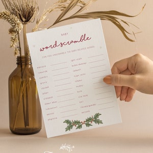Cartes de jeu pour baby shower Word Scramble | Baby Shower Elfe | Noël | Non sexiste | Jeux de baby shower simples | Saupoudrer | CH201