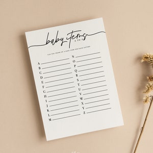 Baby Items de A à Z Cartes de jeu pour baby shower | Alphabet des prénoms | Baby shower minimaliste | Simple | Non sexiste | Jeux de douche | Saupoudrer | M102