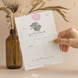 Prédictions personnalisées pour les cartes de baby shower | Éléphant | Conseils | Souhaits | Ballons | Rose | Petite fille | Jeux de douche | Saupoudrer | E101